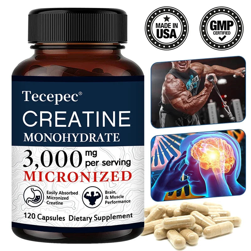 Creatine Monohydrate 3000 mg Capsules, Supports Pre-Workout and Healthy Muscles, Focus & Memory, Easy to Absorb, Easy to Swallow