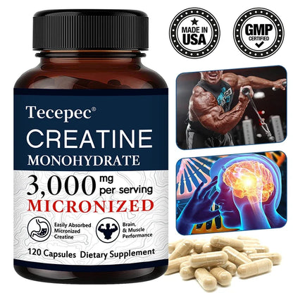 Creatine Monohydrate 3000 mg Capsules, Supports Pre-Workout and Healthy Muscles, Focus & Memory, Easy to Absorb, Easy to Swallow