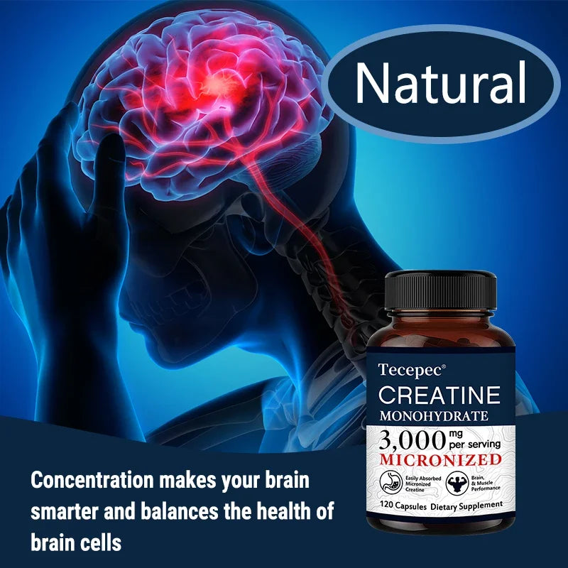 Creatine Monohydrate 3000 mg Capsules, Supports Pre-Workout and Healthy Muscles, Focus & Memory, Easy to Absorb, Easy to Swallow